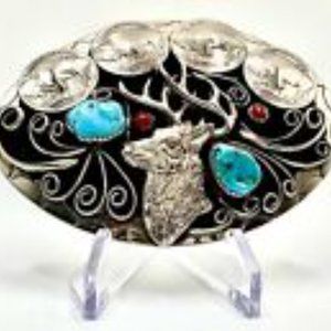 Vintage Handmade Navajo Belt Buckle Buffalo Nick Silver Turquoise Deer Men Women